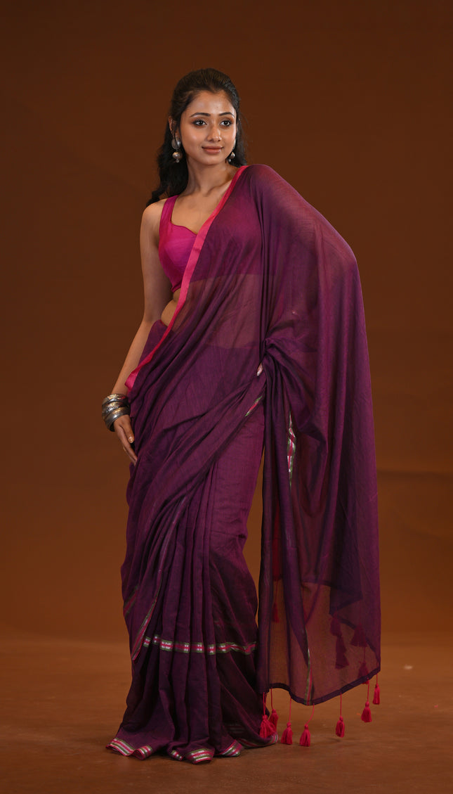 Purple Mulmul Saree With Pink Border