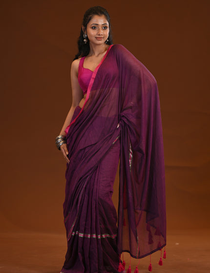 Purple Mulmul Saree With Pink Border
