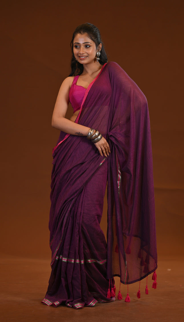 Purple Mulmul Saree With Pink Border