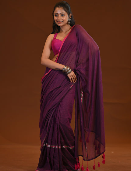 Purple Mulmul Saree With Pink Border