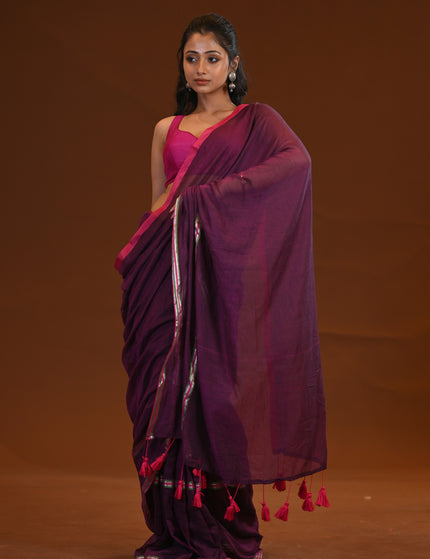Purple Mulmul Saree With Pink Border