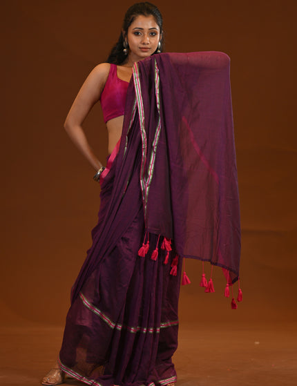 Purple Mulmul Saree With Pink Border