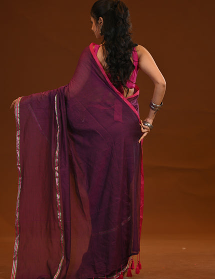 Purple Mulmul Saree With Pink Border