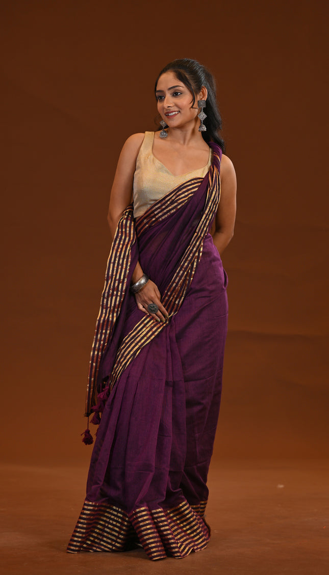 Purple Mulmul Cotton Saree With Gold Zari Work