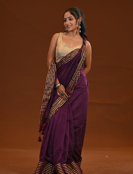 Purple Mulmul Cotton Saree With Gold Zari Work
