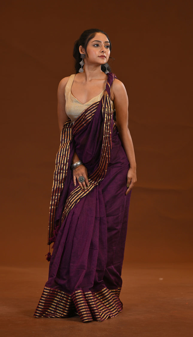 Purple Mulmul Cotton Saree With Gold Zari Work