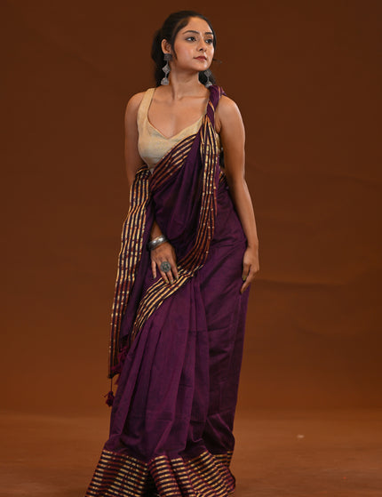 Purple Mulmul Cotton Saree With Gold Zari Work