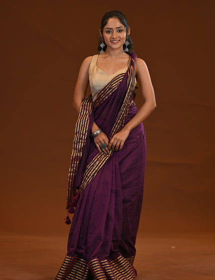 Purple Mulmul Cotton Saree With Gold Zari Work
