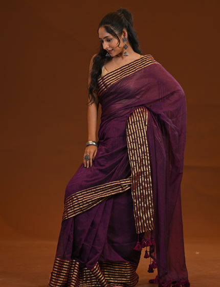 Purple Mulmul Cotton Saree With Gold Zari Work