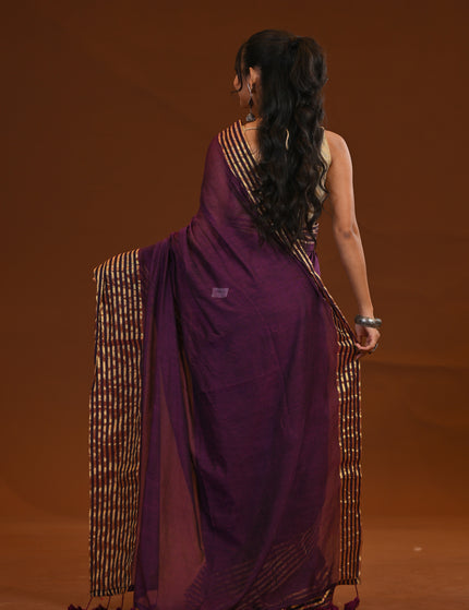 Purple Mulmul Cotton Saree With Gold Zari Work
