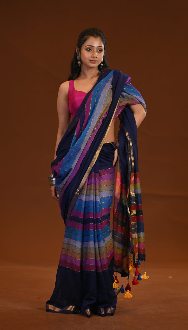 Blue Multicolour Stripe Mulmul Cotton Saree