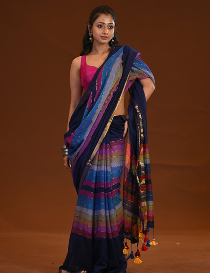Blue Multicolour Stripe Mulmul Cotton Saree