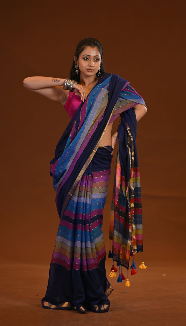 Blue Multicolour Stripe Mulmul Cotton Saree