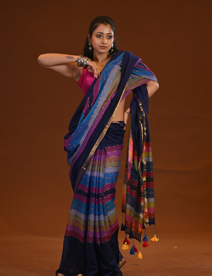 Blue Multicolour Stripe Mulmul Cotton Saree