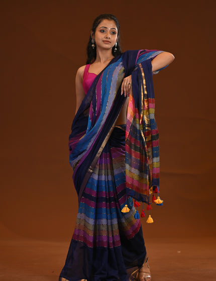 Blue Multicolour Stripe Mulmul Cotton Saree
