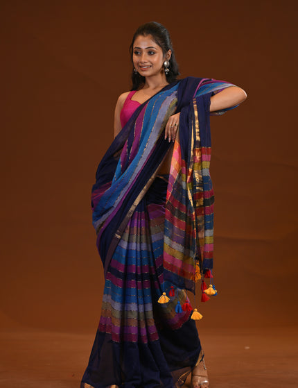 Blue Multicolour Stripe Mulmul Cotton Saree