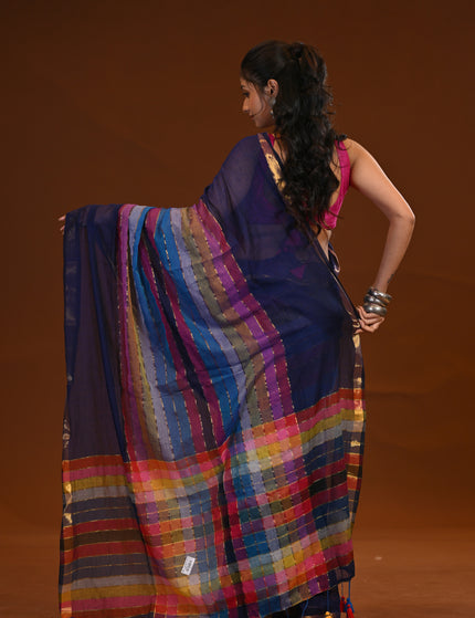 Blue Multicolour Stripe Mulmul Cotton Saree