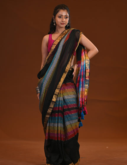 Black Mulmul Cotton Saree With Multicolour Stripe