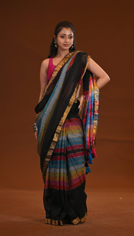 Black Mulmul Cotton Saree — Rainbow Stripe Pallu | Handcrafted saree | KalamKantha