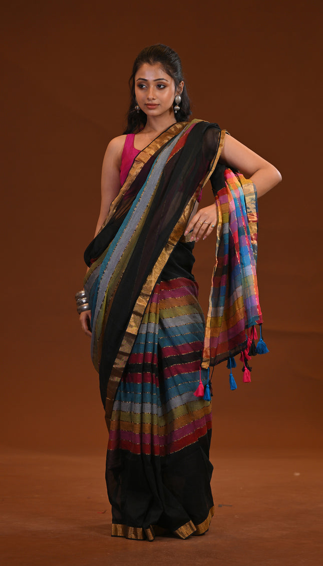 Black Mulmul Cotton Saree With Multicolour Stripe