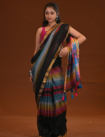 Black Mulmul Cotton Saree With Multicolour Stripe
