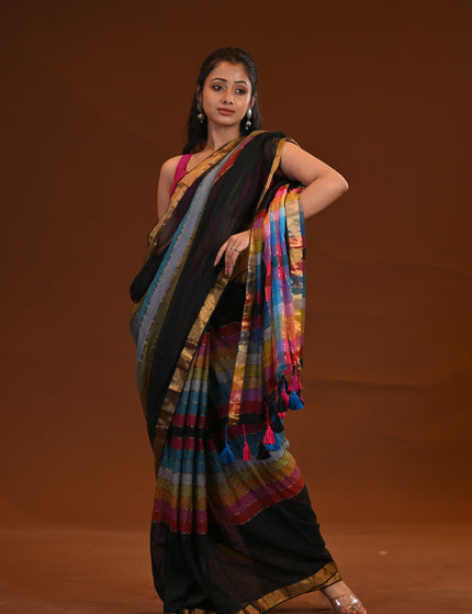 Black Mulmul Cotton Saree With Multicolour Stripe