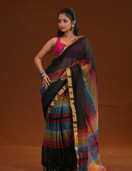 Black Mulmul Cotton Saree With Multicolour Stripe