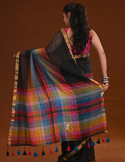 Black Mulmul Cotton Saree With Multicolour Stripe