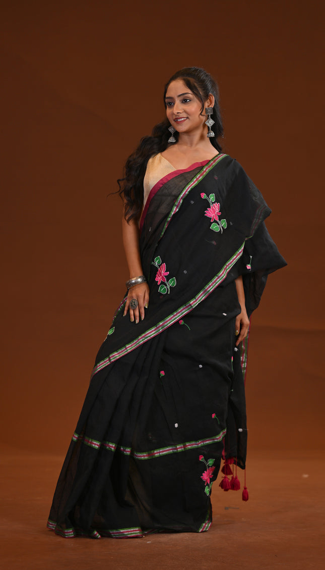 Black Cotton Khadi Saree Lotus Hand Painted Pink Tassels