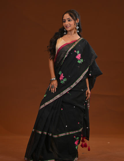 Black Cotton Khadi Saree Lotus Hand Painted Pink Tassels