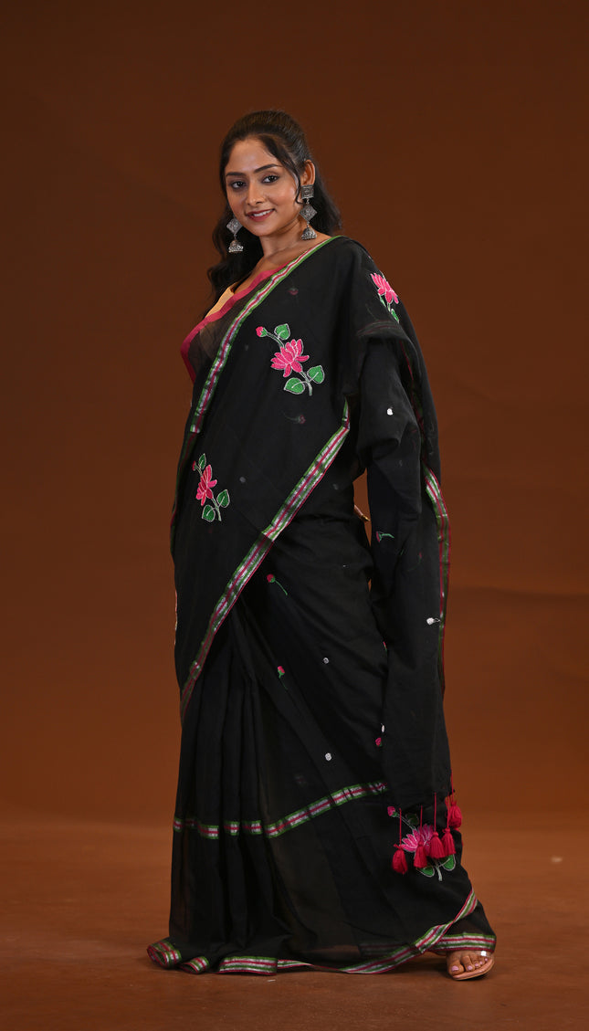 Black Cotton Khadi Saree Lotus Hand Painted Pink Tassels