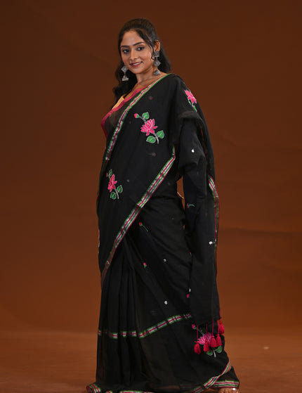 Black Cotton Khadi Saree Lotus Hand Painted Pink Tassels