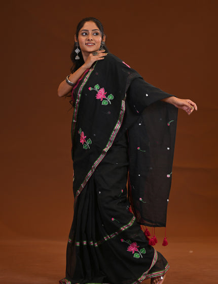 Black Cotton Khadi Saree Lotus Hand Painted Pink Tassels