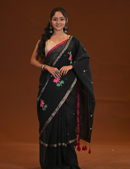 Black Cotton Khadi Saree Lotus Hand Painted Pink Tassels