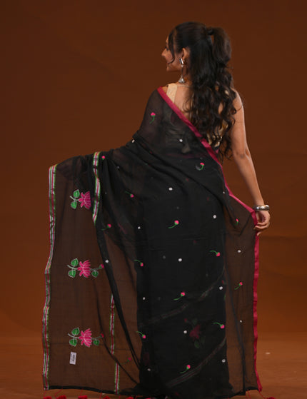 Black Cotton Khadi Saree Lotus Hand Painted Pink Tassels