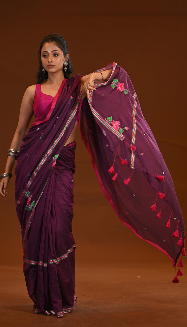 Purple Cotton Khadi Saree Lotus Hand Painted Red Tassels