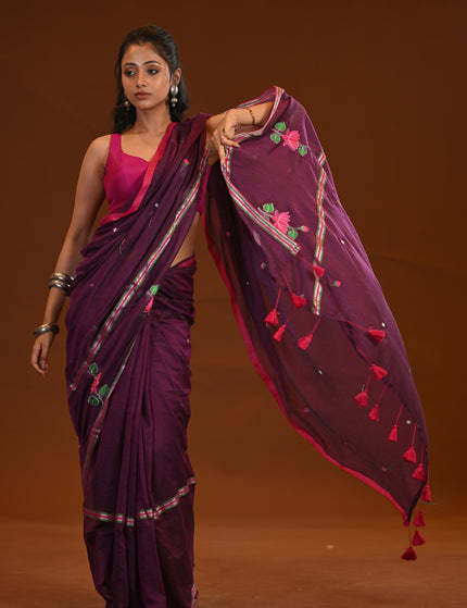 Purple Cotton Khadi Saree Lotus Hand Painted Red Tassels