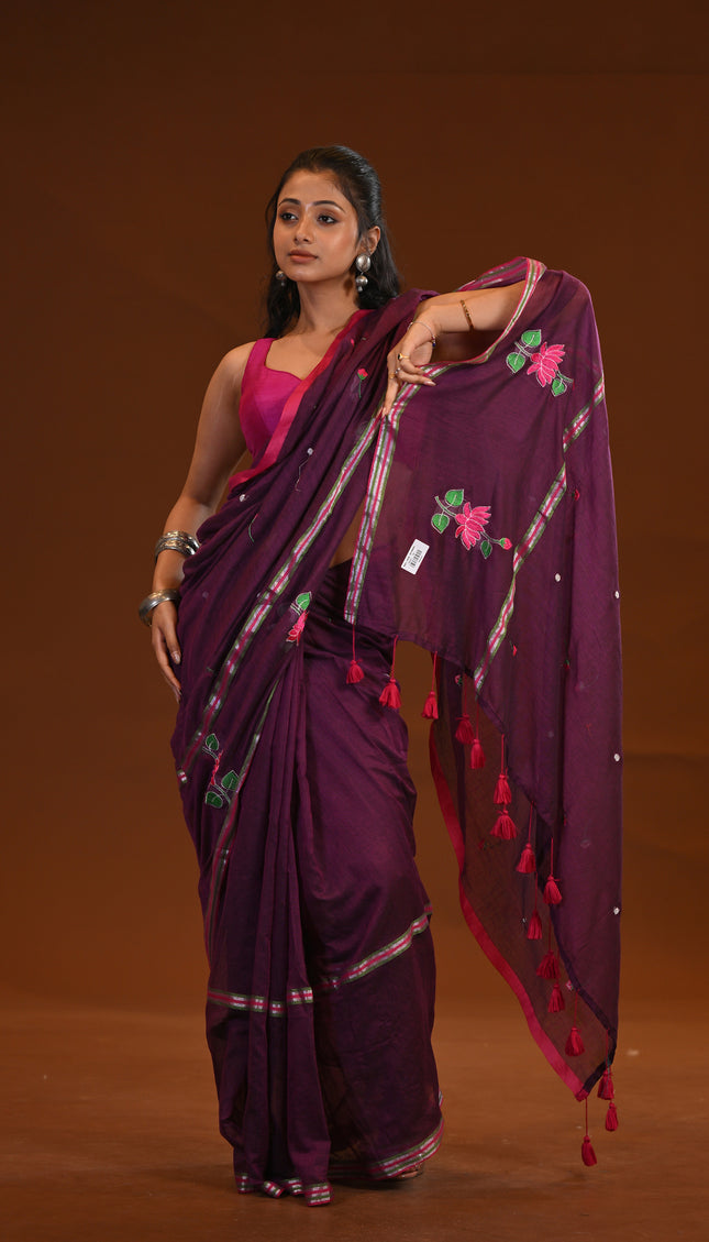 Purple Cotton Khadi Saree Lotus Hand Painted Red Tassels