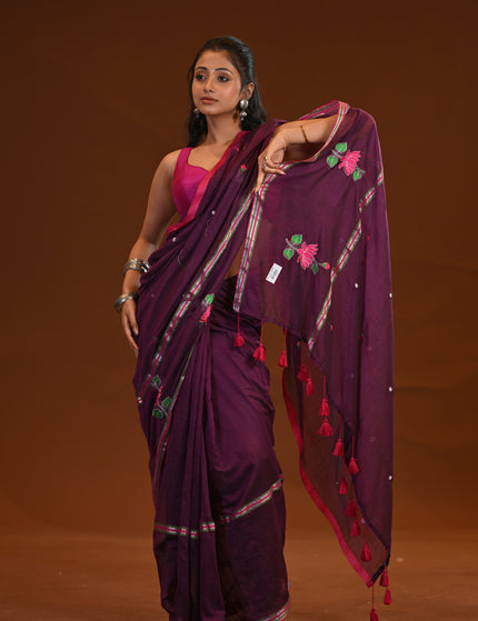 Purple Cotton Khadi Saree Lotus Hand Painted Red Tassels