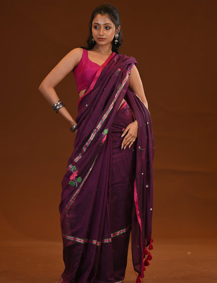 Purple Cotton Khadi Saree Lotus Hand Painted Red Tassels