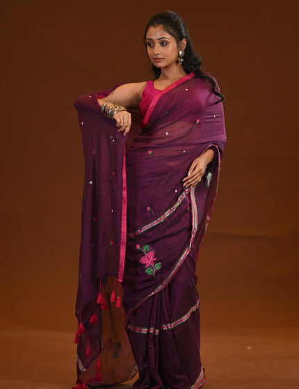 Purple Cotton Khadi Saree Lotus Hand Painted Red Tassels