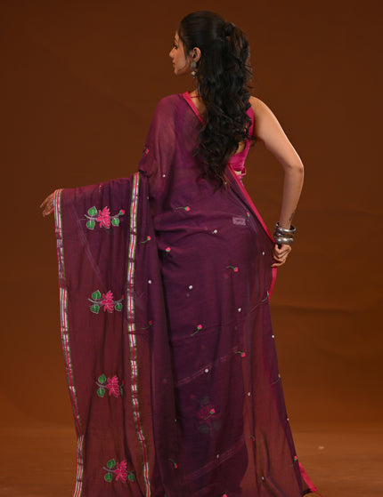 Purple Cotton Khadi Saree Lotus Hand Painted Red Tassels