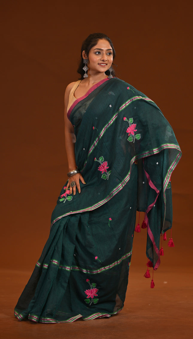 Forest Green Cotton Khadi Saree Lotus Hand Painted Cotton