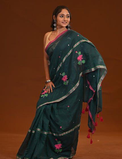 Forest Green Cotton Khadi Saree Lotus Hand Painted Cotton