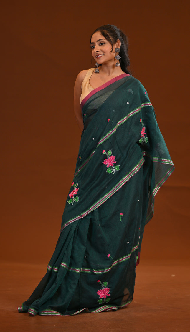 Forest Green Cotton Khadi Saree Lotus Hand Painted Cotton