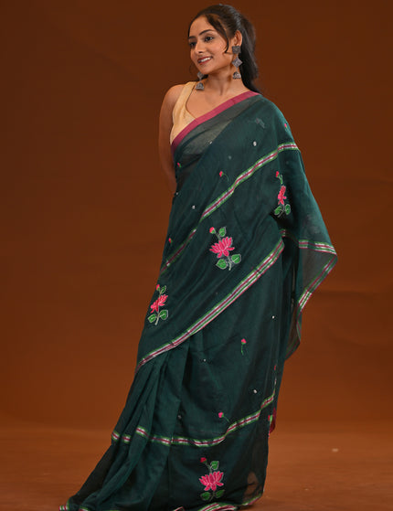Forest Green Cotton Khadi Saree Lotus Hand Painted Cotton
