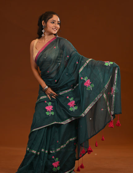 Forest Green Cotton Khadi Saree Lotus Hand Painted Cotton