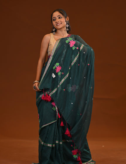 Forest Green Cotton Khadi Saree Lotus Hand Painted Cotton