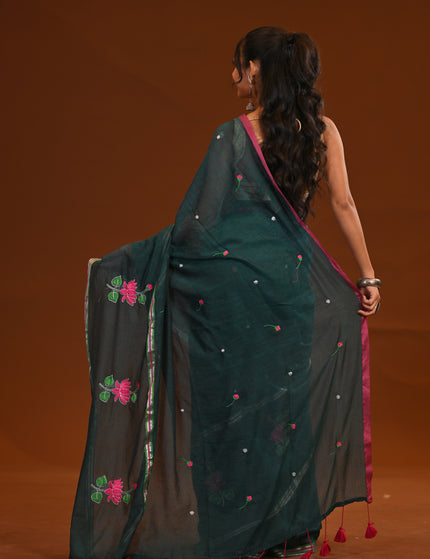 Forest Green Cotton Khadi Saree Lotus Hand Painted Cotton