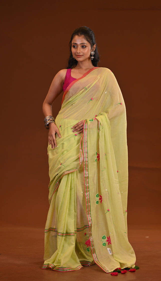 Cotton Khadi Saree Pink Lotus Hand Painted Cotton